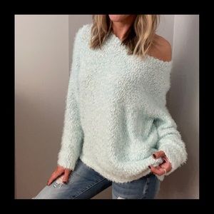 Cozy Plush Aqua Blue + White Mix Soft Sweater